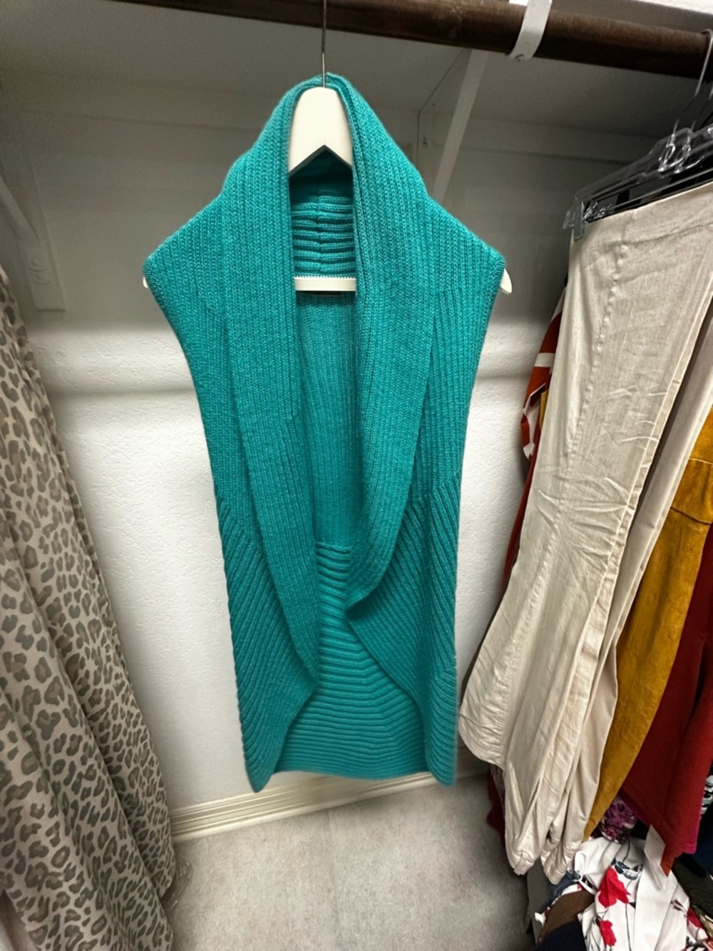 Sleeveless Open-Front Teal Knit Cardigan Vest